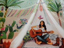 Mila Marquis Postkarte Frau mit Gitarre quadratisch